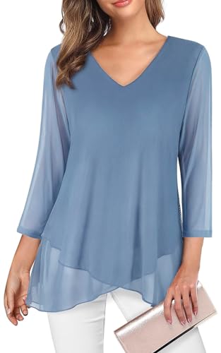 Adigaber Damen 3/4 Ärmel Blusen mit V-Ausschnitt Atmungsaktiv und kühl Hemden Doppellagig Mesh Tuniken Oberteil von Adigaber