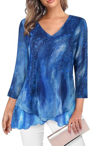 Adigaber Damen 3/4 Ärmel Blusen mit V-Ausschnitt Atmungsaktiv und kühl Hemden Doppellagig Mesh Tuniken Oberteil von Adigaber