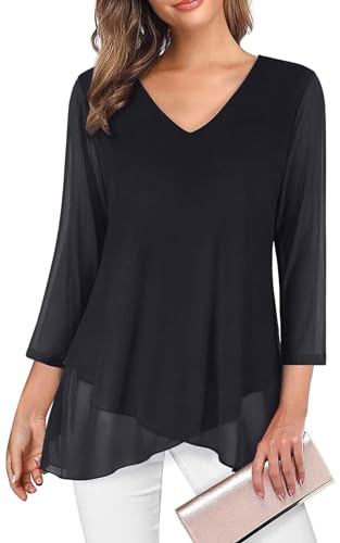 Adigaber Damen 3/4 Ärmel Blusen mit V-Ausschnitt Atmungsaktiv und kühl Hemden Doppellagig Mesh Tuniken Oberteil von Adigaber