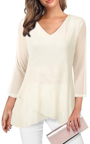 Adigaber Damen 3/4 Ärmel Blusen mit V-Ausschnitt Atmungsaktiv und kühl Hemden Doppellagig Mesh Tuniken Oberteil von Adigaber