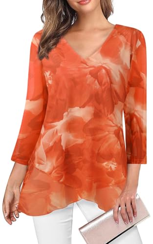 Adigaber Damen 3/4 Ärmel Blusen mit V-Ausschnitt Atmungsaktiv und kühl Hemden Doppellagig Mesh Tuniken Oberteil von Adigaber