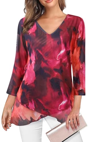 Adigaber Damen 3/4 Ärmel Blusen mit V-Ausschnitt Atmungsaktiv und kühl Hemden Doppellagig Mesh Tuniken Oberteil von Adigaber