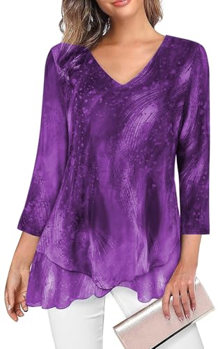 Adigaber Damen 3/4 Ärmel Blusen mit V-Ausschnitt Atmungsaktiv und kühl Hemden Doppellagig Mesh Tuniken Oberteil von Adigaber