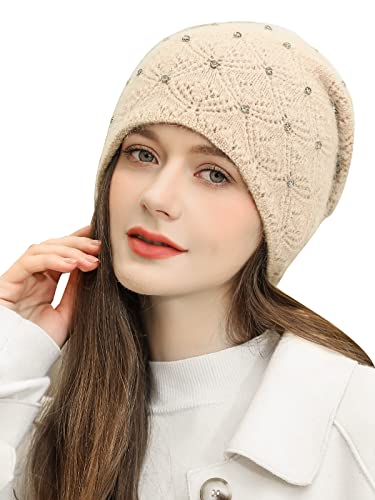 Adigaber Damen Beanie Mütze Warme Wintermütze doppelt Gestrickt Slouch Long Strickmütze mit edler Nieten Applikation Einheitsgröße von Adigaber