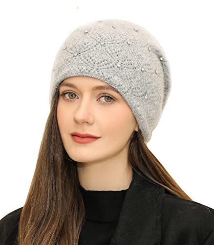 Adigaber Damen Beanie Mütze Warme Wintermütze doppelt Gestrickt Slouch Long Strickmütze mit edler Nieten Applikation Einheitsgröße von Adigaber