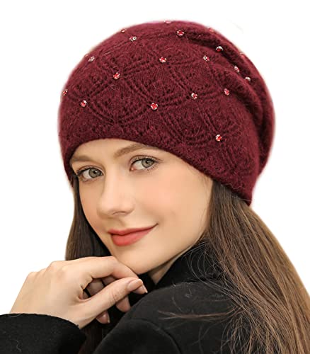 Adigaber Damen Beanie Mütze Warme Wintermütze doppelt Gestrickt Slouch Long Strickmütze mit edler Nieten Applikation Einheitsgröße von Adigaber