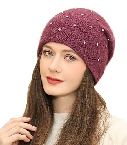 Adigaber Damen Beanie Mütze Warme Wintermütze doppelt Gestrickt Slouch Long Strickmütze mit edler Nieten Applikation Einheitsgröße von Adigaber