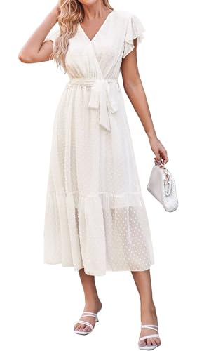 Adigaber Damen Bohemian Tunika Kleid Wickelkleid Sommerkleider Vintage Strandtunika V-Ausschnitt Rüschen Kurzarm Fließend Maxikleid mit Gürtel von Adigaber