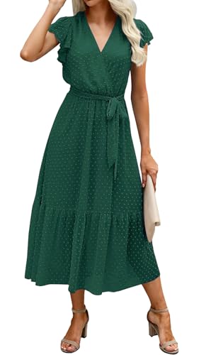 Adigaber Damen Bohemian Tunika Kleid Wickelkleid Sommerkleider Vintage Strandtunika V-Ausschnitt Rüschen Kurzarm Fließend Maxikleid mit Gürtel von Adigaber