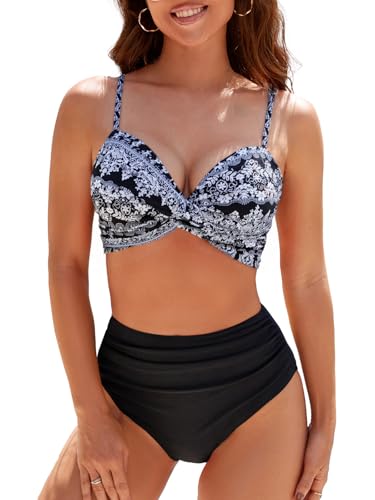 Adigaber Damen Größe Zweiteiliger Badeanzug überkreuztes Blumenmuster Bikini Bademode Bauchkontrolle Bikini Sets von Adigaber