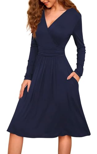 Adigaber Damen Kleid Langarm Herbstkleid V-Ausschnitt Knielang Blumenmuster Midi Kleid mit Taschen von Adigaber