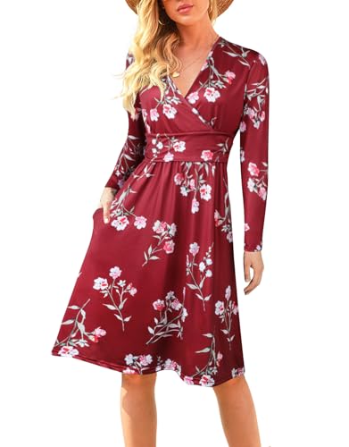 Adigaber Damen Kleid Langarm Herbstkleid V-Ausschnitt Knielang Blumenmuster Midi Kleid mit Taschen von Adigaber