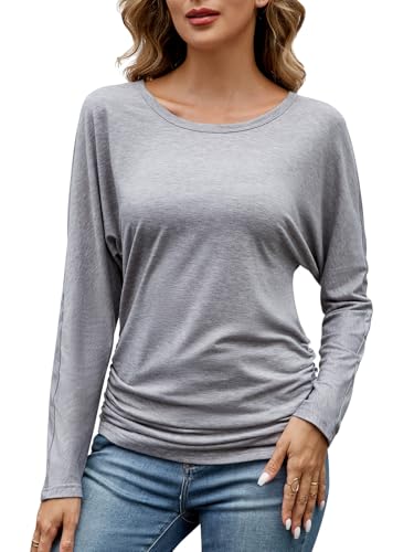 Adigaber Damen Langarm U Ausschnitt Seitliche Rüschen Oberteil Shirts Basic Casual Fledermausärmel Bluse von Adigaber