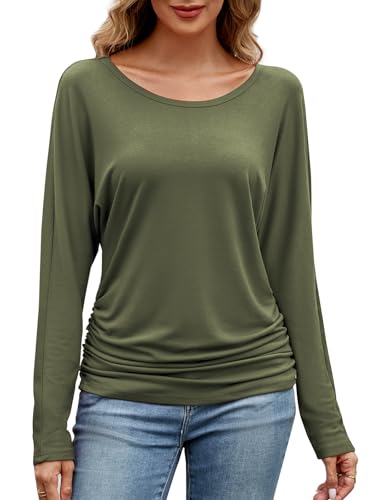 Adigaber Damen Langarm U Ausschnitt Seitliche Rüschen Oberteil Shirts Basic Casual Fledermausärmel Bluse von Adigaber