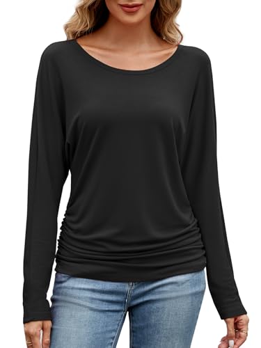 Adigaber Damen Langarm U Ausschnitt Seitliche Rüschen Oberteil Shirts Basic Casual Fledermausärmel Bluse von Adigaber