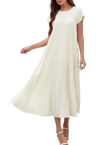 Adigaber Damen Langes Kleid Sommer Plissee Casual Rundhalsausschnitt Einzigartig Kleid mit Taschen von Adigaber