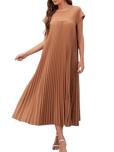 Adigaber Damen Langes Kleid Sommer Plissee Casual Rundhalsausschnitt Einzigartig Kleid mit Taschen von Adigaber