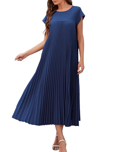 Adigaber Damen Langes Kleid Sommer Plissee Casual Rundhalsausschnitt Einzigartig Kleid mit Taschen von Adigaber