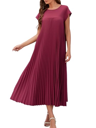 Adigaber Damen Langes Kleid Sommer Plissee Casual Rundhalsausschnitt Einzigartig Kleid mit Taschen von Adigaber