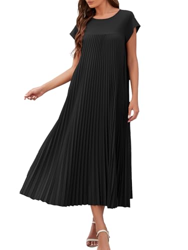 Adigaber Damen Langes Kleid Sommer Plissee Casual Rundhalsausschnitt Einzigartig Kleid mit Taschen von Adigaber
