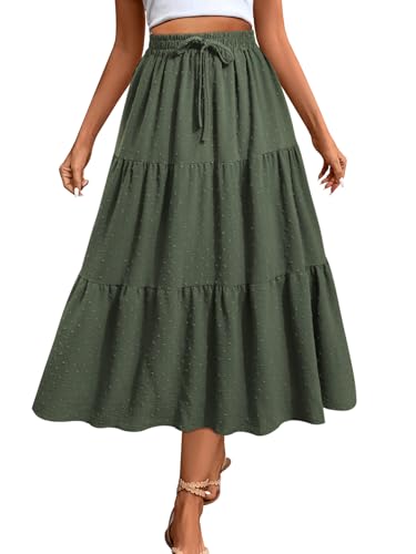 Adigaber Damen Rock Lange Elastischer Hohe Taille Maxi Midirock Schweizer Dot Lässige Boho Röcke mit Taschen und Kordelzug von Adigaber