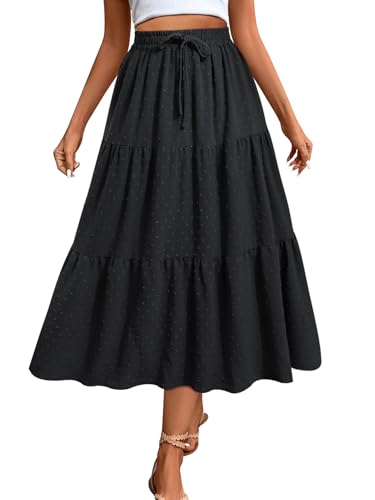 Adigaber Damen Rock Lange Elastischer Hohe Taille Maxi Midirock Schweizer Dot Lässige Boho Röcke mit Taschen und Kordelzug von Adigaber