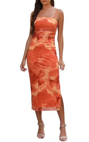 Adigaber Damen Sommerkleid Bedrucktes Spaghetti-Träger Kleid Seitenschlitz Masche Passendes Maxikleid von Adigaber