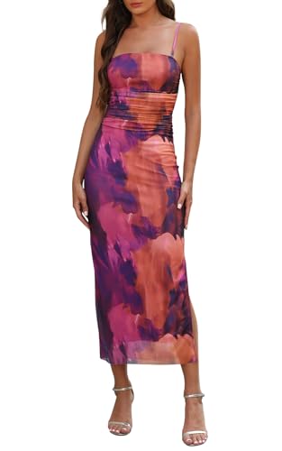 Adigaber Damen Sommerkleid Bedrucktes Spaghetti-Träger Kleid Seitenschlitz Masche Passendes Maxikleid von Adigaber