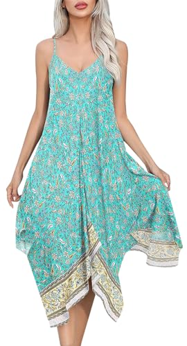 Adigaber Damen Strandkleid Sommer V Ausschnitt Blumenmuster Spaghetti Swing Beach Vertuschung mit Taschen Elegante von Adigaber