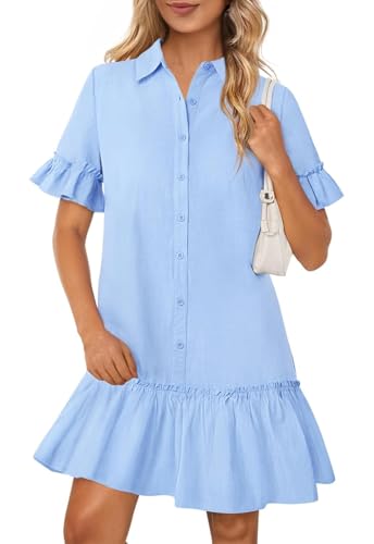 Adigaber Damen V-Ausschnitt Kleid Rüschen Ärmel Freizeitkleid Taste Einfarbig Blusenkleid mit Taschen von Adigaber