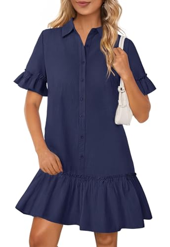 Adigaber Damen V-Ausschnitt Kleid Rüschen Ärmel Freizeitkleid Taste Einfarbig Blusenkleid mit Taschen von Adigaber