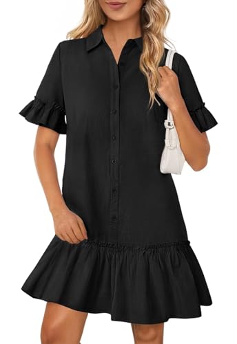 Adigaber Damen V-Ausschnitt Kleid Rüschen Ärmel Freizeitkleid Taste Einfarbig Blusenkleid mit Taschen von Adigaber