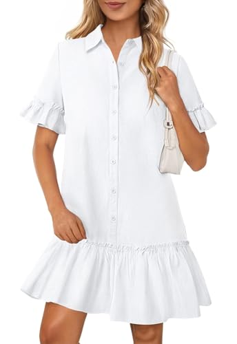 Adigaber Damen V-Ausschnitt Kleid Rüschen Ärmel Freizeitkleid Taste Einfarbig Blusenkleid mit Taschen von Adigaber