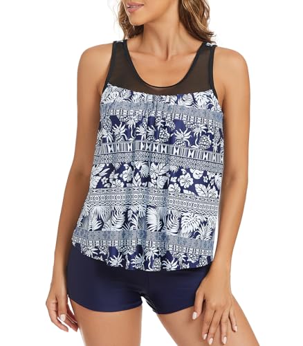 Adigaber Damen Zweiteilig Badeanzug Mesh Bademoden Bauchweg Tankini Set mit Hot Pants Drucken Badeanzug Sportlich von Adigaber