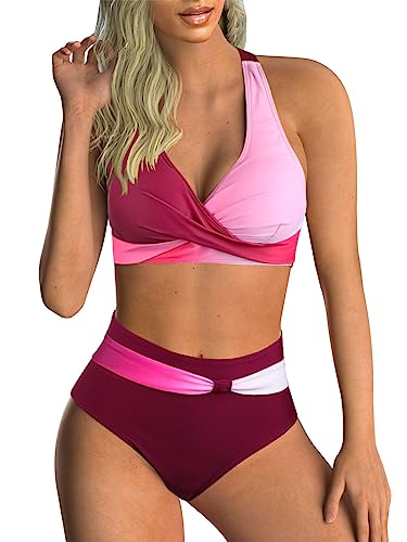 Adigaber Damen Zweiteiliger Badeanzug V Ausschnitt überkreuztes Blumenmuster Bikini Bademode Bauchkontrolle Bikini Sets von Adigaber