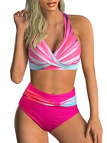 Adigaber Damen Zweiteiliger Badeanzug V Ausschnitt überkreuztes Blumenmuster Bikini Bademode Bauchkontrolle Bikini Sets von Adigaber