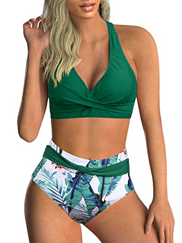 Adigaber Damen Zweiteiliger Badeanzug V Ausschnitt überkreuztes Blumenmuster Bikini Bademode Bauchkontrolle Bikini Sets von Adigaber