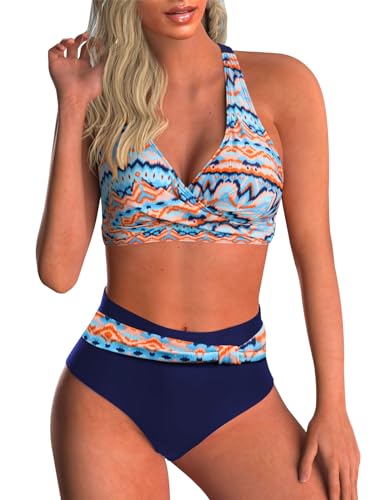 Adigaber Damen Zweiteiliger Badeanzug V Ausschnitt überkreuztes Blumenmuster Bikini Bademode Bauchkontrolle Bikini Sets von Adigaber