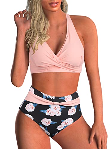 Adigaber Damen Zweiteiliger Badeanzug V Ausschnitt überkreuztes Blumenmuster Bikini Bademode Bauchkontrolle Bikini Sets von Adigaber