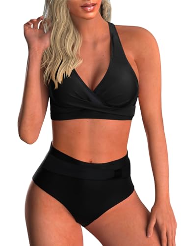 Adigaber Damen Zweiteiliger Badeanzug V Ausschnitt überkreuztes Blumenmuster Bikini Bademode Bauchkontrolle Bikini Sets von Adigaber