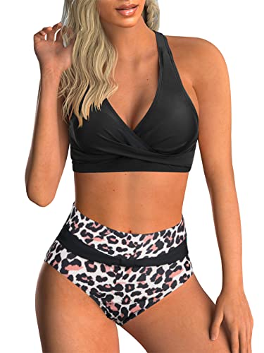 Adigaber Damen Zweiteiliger Badeanzug V Ausschnitt überkreuztes Blumenmuster Bikini Bademode Bauchkontrolle Bikini Sets von Adigaber