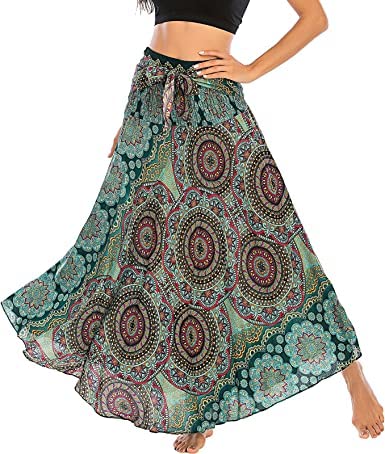 Adigaber Lang Gedruckter Rock Damen Chiffon Bohemien Einheitsgröße Maxirock Verstellbares Riemen Kleid Urlaub Sommerrock Strandkleider von Adigaber