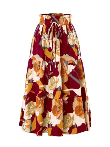 Adigaber Lang Rock Damen Elastische Taille Rock Blumendruck Rock Mit Kordelzug Urlaub Sommerrock Strandkleider von Adigaber
