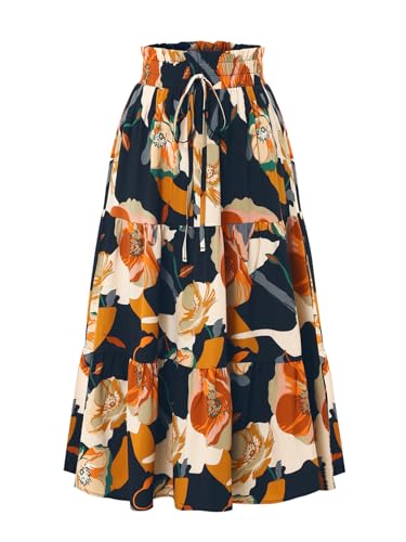 Adigaber Lang Rock Damen Elastische Taille Rock Blumendruck Rock Mit Kordelzug Urlaub Sommerrock Strandkleider von Adigaber