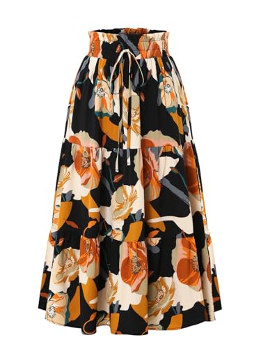 Adigaber Lang Rock Damen Elastische Taille Rock Blumendruck Rock Mit Kordelzug Urlaub Sommerrock Strandkleider von Adigaber