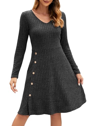 Adigaber Strickkleid für Damen V-Ausschnitt Langarmkleid Lässiges Tunikakleid mit Taschen und Knöpfen von Adigaber