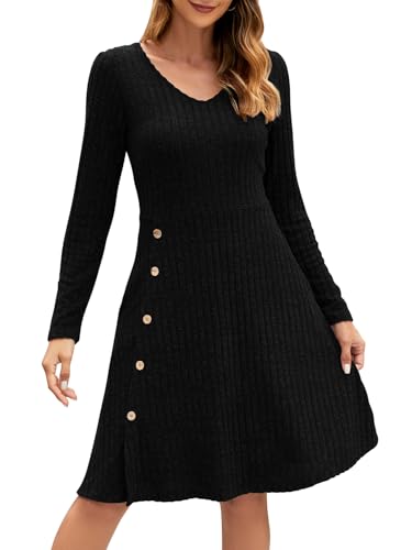 Adigaber Strickkleid für Damen V-Ausschnitt Langarmkleid Lässiges Tunikakleid mit Taschen und Knöpfen von Adigaber
