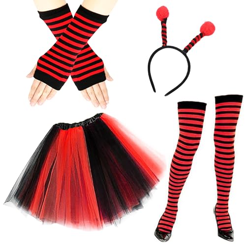 Adigau 80er Outfit Frauen 80 Jahre Accessoires Pack Karneval Cosplay Kostüm Tutu Handschuhe Thema Kleidung Biene Kostüm Mit Antenne Stirnband von Adigau