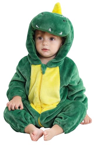 Baby Flanell Warm Overall Dinosaurier Karikatur Kostüm mit Reißverschluss Winter Kapuzen Schlafanzug Tier Cartoon Einteiler Grün 6-12 Monate von Adigau