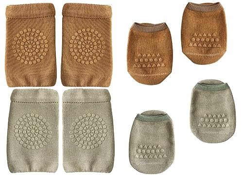 Adigau Baby Krabbeln 2 Paar Baby Knieschoner und 2 Paar Baby Socken mit Gummipunkte Anti-rutsch Baby Krabbelschutz Krabbelhilfe Knieschützer B1 0-12 Monte von Adigau